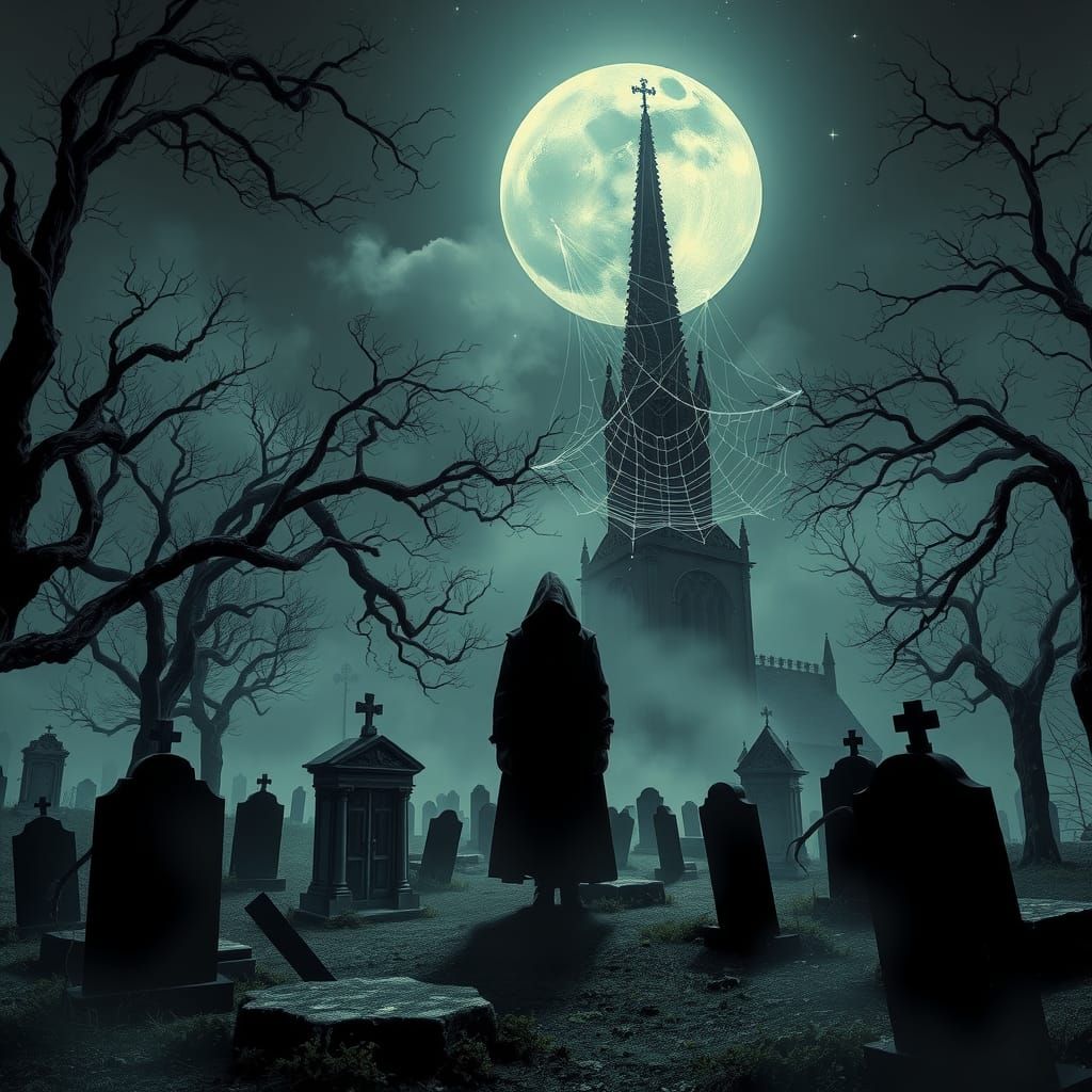 Mysterious Gothic Figure in Moonlit Cemetery