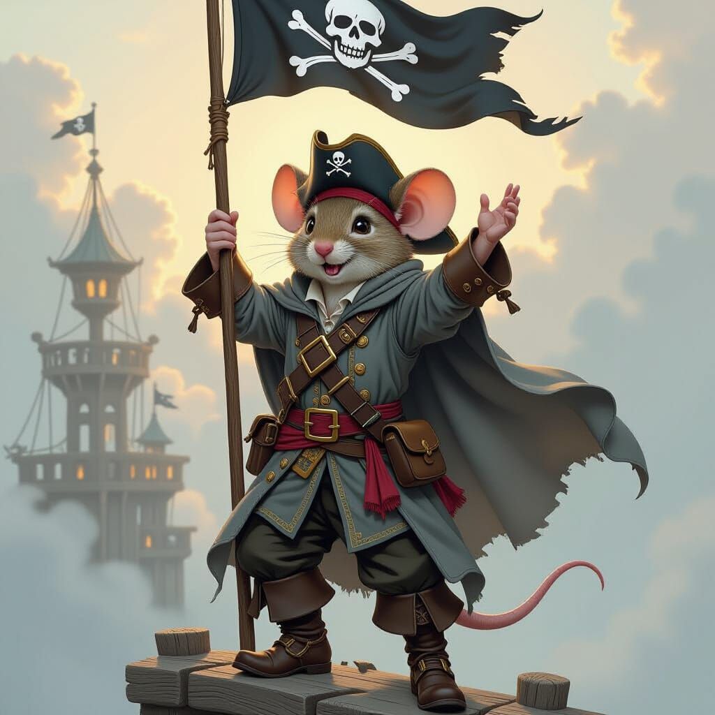 A highly detailed anthropomorphic mouse in shabby pirate clothing with a grey cloak and jackboots on his shoulders and head, raising a pirat...