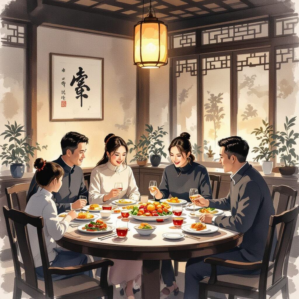 Family Reunion Dinner in Chinese Ink Painting Style