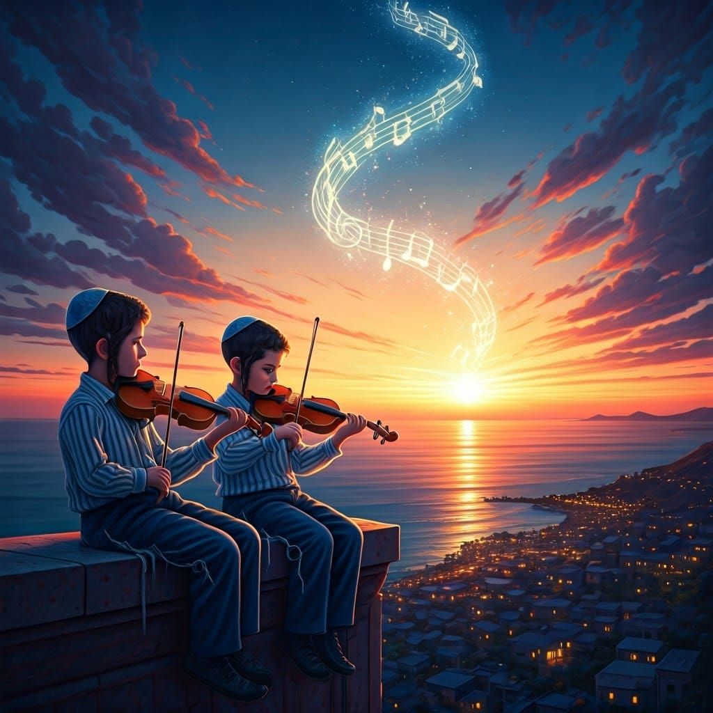 Rooftop Serenade: Hasidic Boys Playing Violins at Sunset