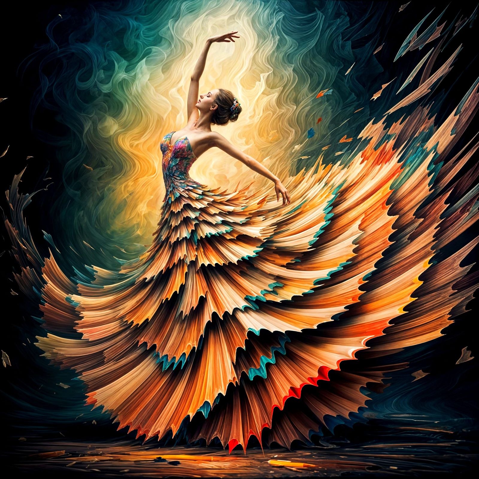 A graceful woman dancing in a colourful flowing dress made of pencil shaving.  by @My Destiny