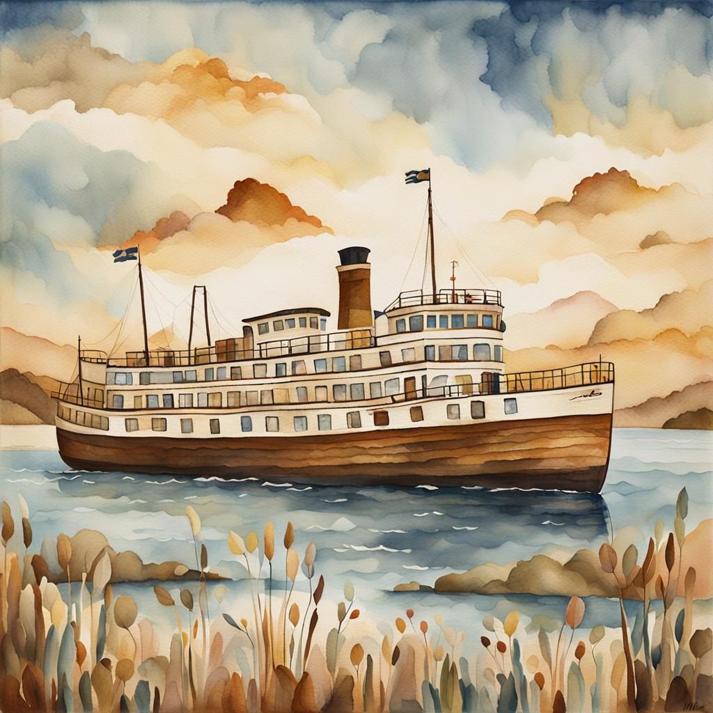 Whimsical Folk Art Style Ferry Boat Scene in Warm Golden Lig...