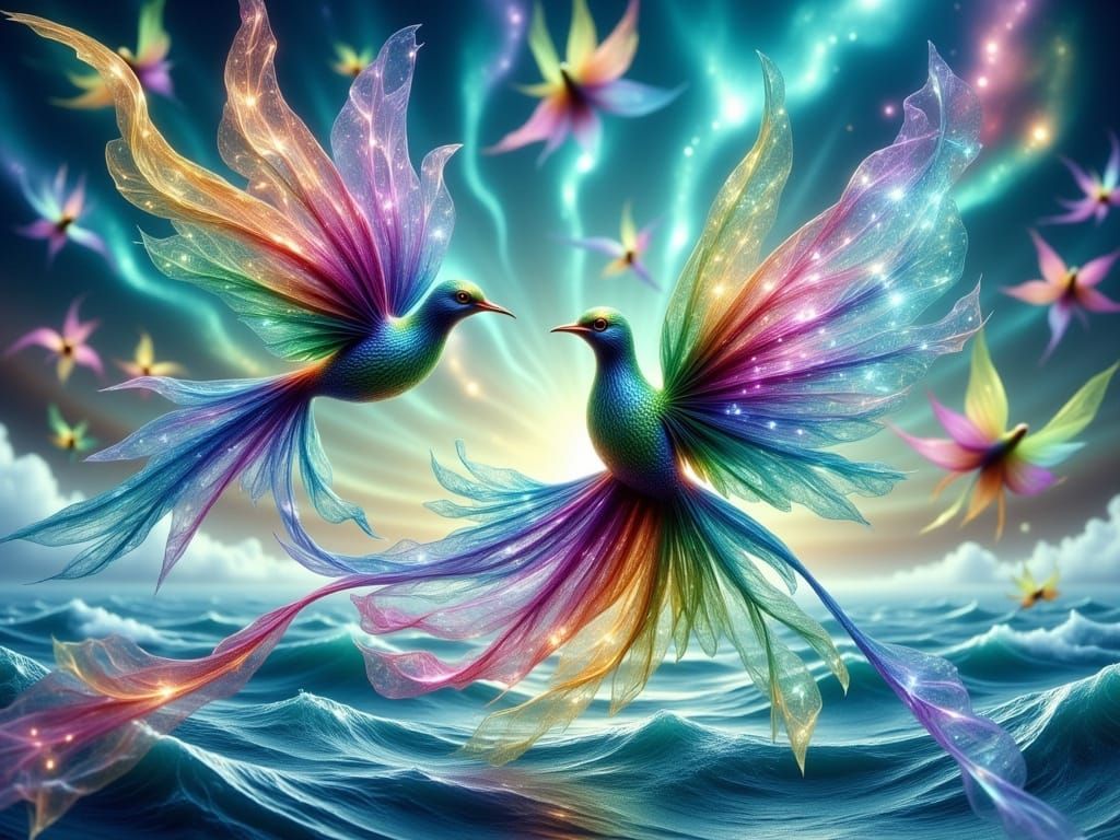 Ethereal Birds Dance Amidst Crystal Waters