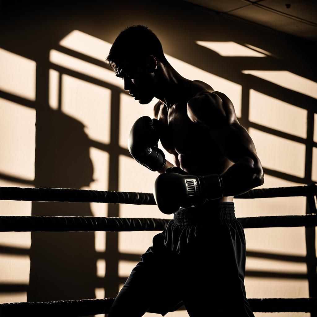 A close-up, high-contrast image of a shadow boxer in silhoue...