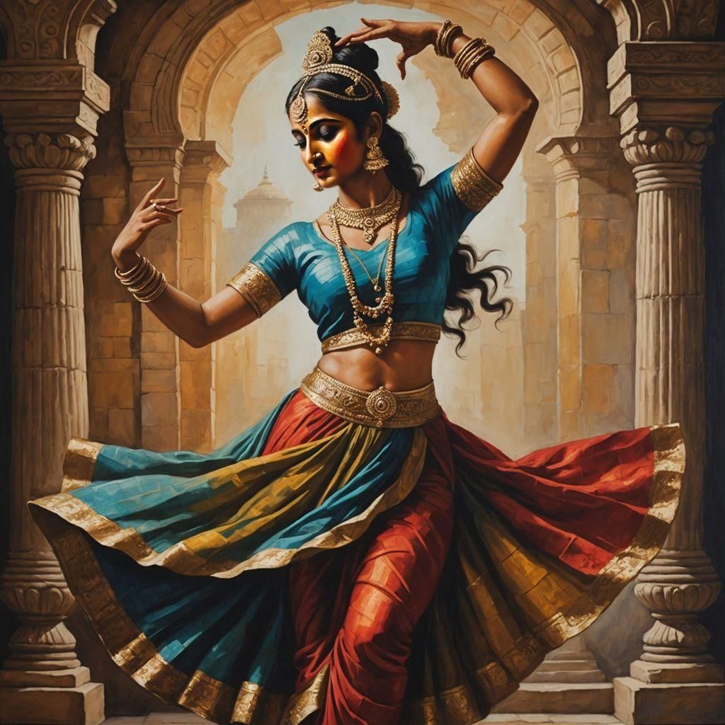 Capture the nostalgic beauty of an Indian classical dancer, as illustrated by an ancient sculpture. Portray the dancer with grace and poise...