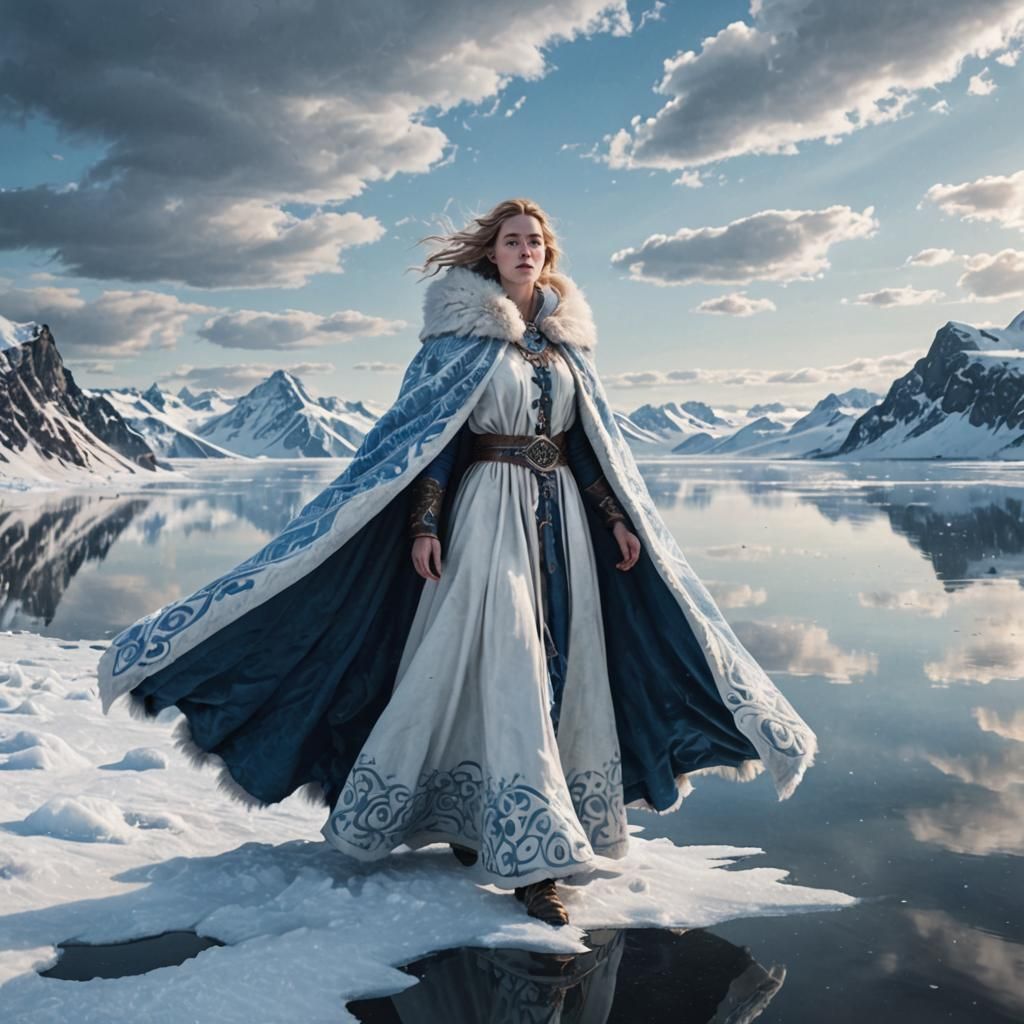 a giant woman in a white and blue fur cloak in the the sky o...