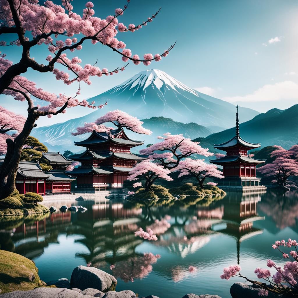 A beautiful ancient sakura tree in front of a lake. Mountain...