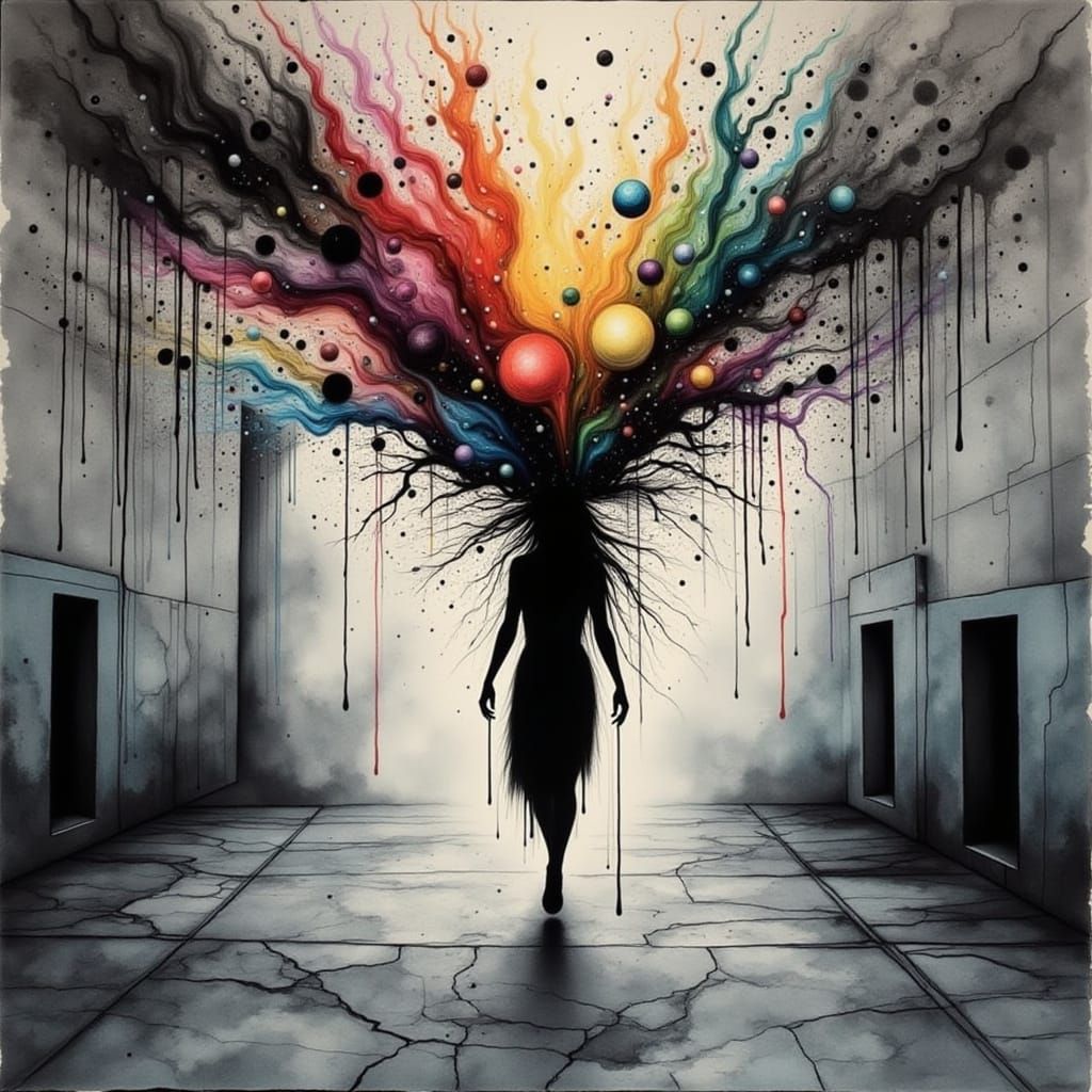 <lora:ChromaDraw:1.0>  The silence of grey concrete makes me scream in color, alcohol inks, water colors Darkness incarnate as a woman in de...