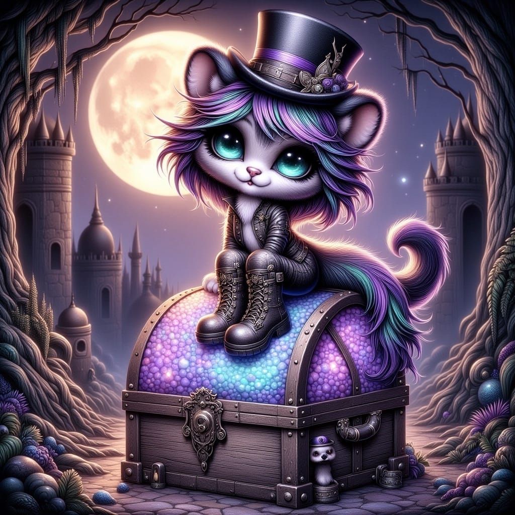 <lora:-Goth Felines-:1.0> a chibi dragon sitting on a bioluminescent mushroom