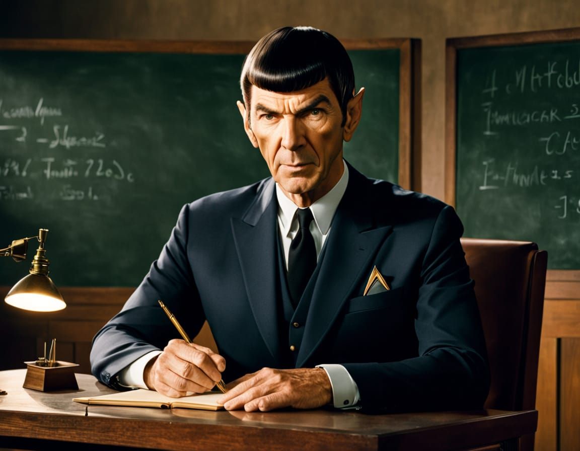 Mr. Spock in the guise of a school teacher, dressed in an elegant suit, sitting at a wooden desk, pen ...  by @undefined