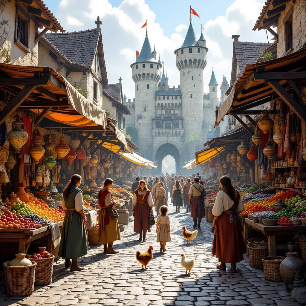 Bustling Medieval Marketplace with Towering Castle