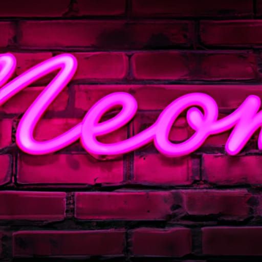 A pink neon softly glowing sign that reads "NEON" words, let...