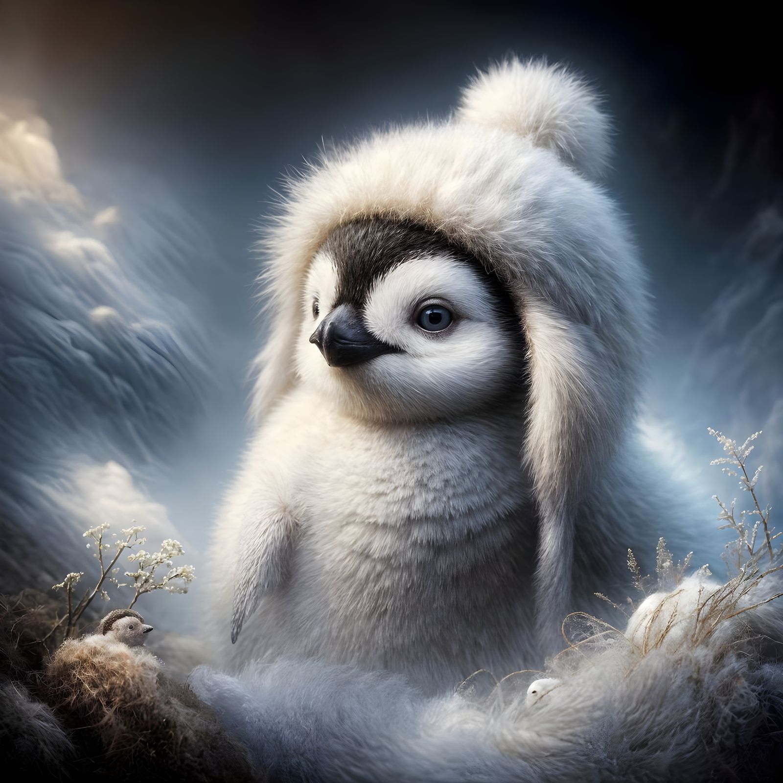 A white fluffy baby penguin with a wooly hat on the baby penguins head. High resolution.   by @Irene