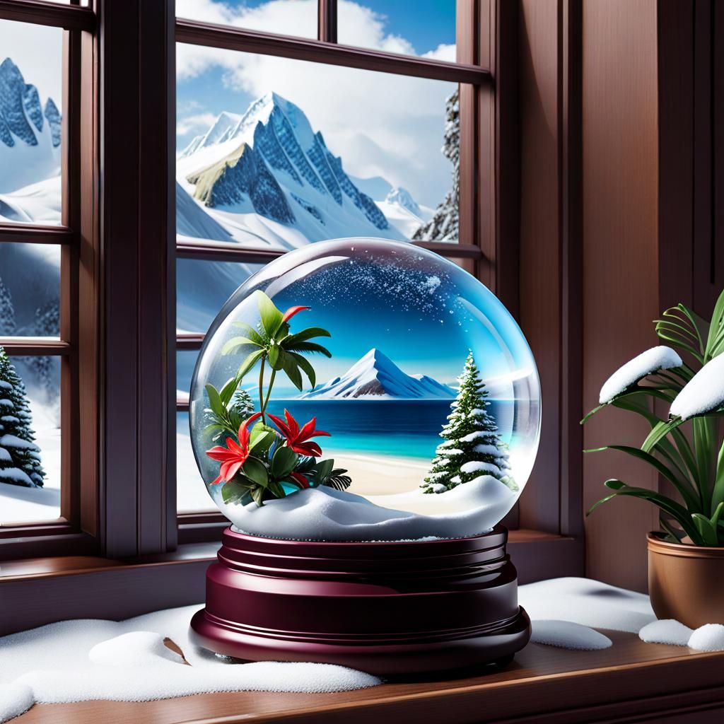 tropical beach in a snow globe  on a window sill showing win...