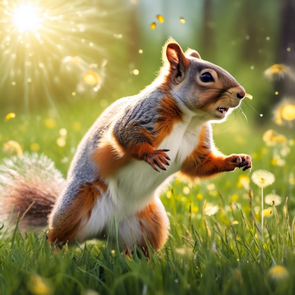 Close-up Ground-level Optical Projection panoramic microphotograph: Happy Surprised Obese Fluffy Squirrel Bounding through the grass at high...