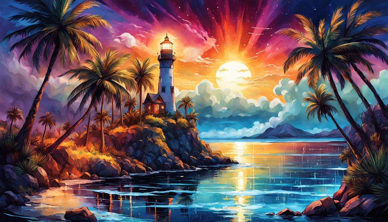 lighthouse overlooking a bay its light reflected from the water, palm trees, dynamic lighting, deep color, ...  by @Ed Evans
