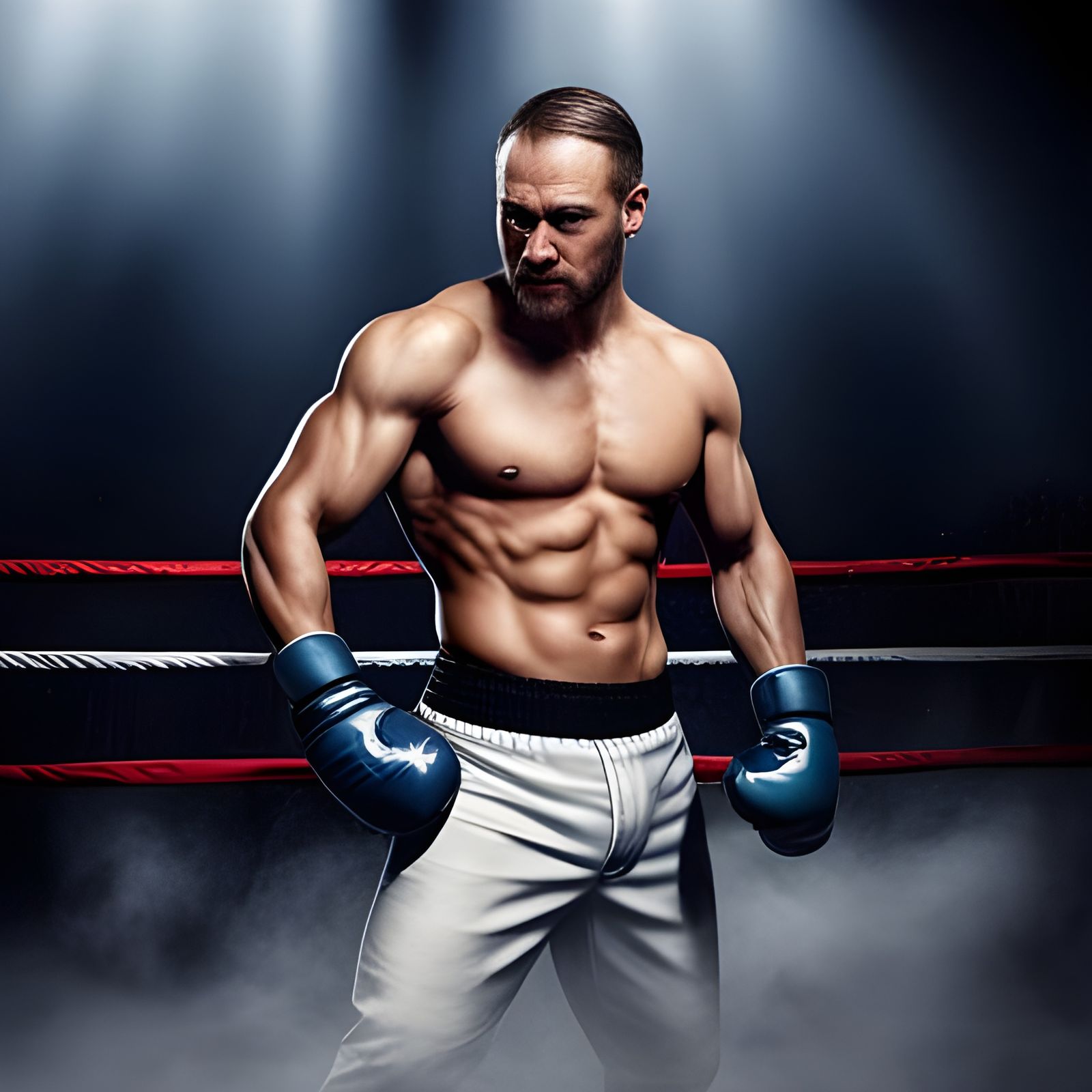 Lutador de boxe sem camisa usando luvas de boxe posicionado ...
