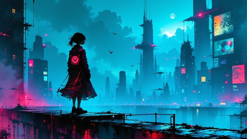 “Epic cyberpunk megacity at midnight, towering neon-lit skyscrapers piercing storm clouds, flying cars streaking through holographic billboa...