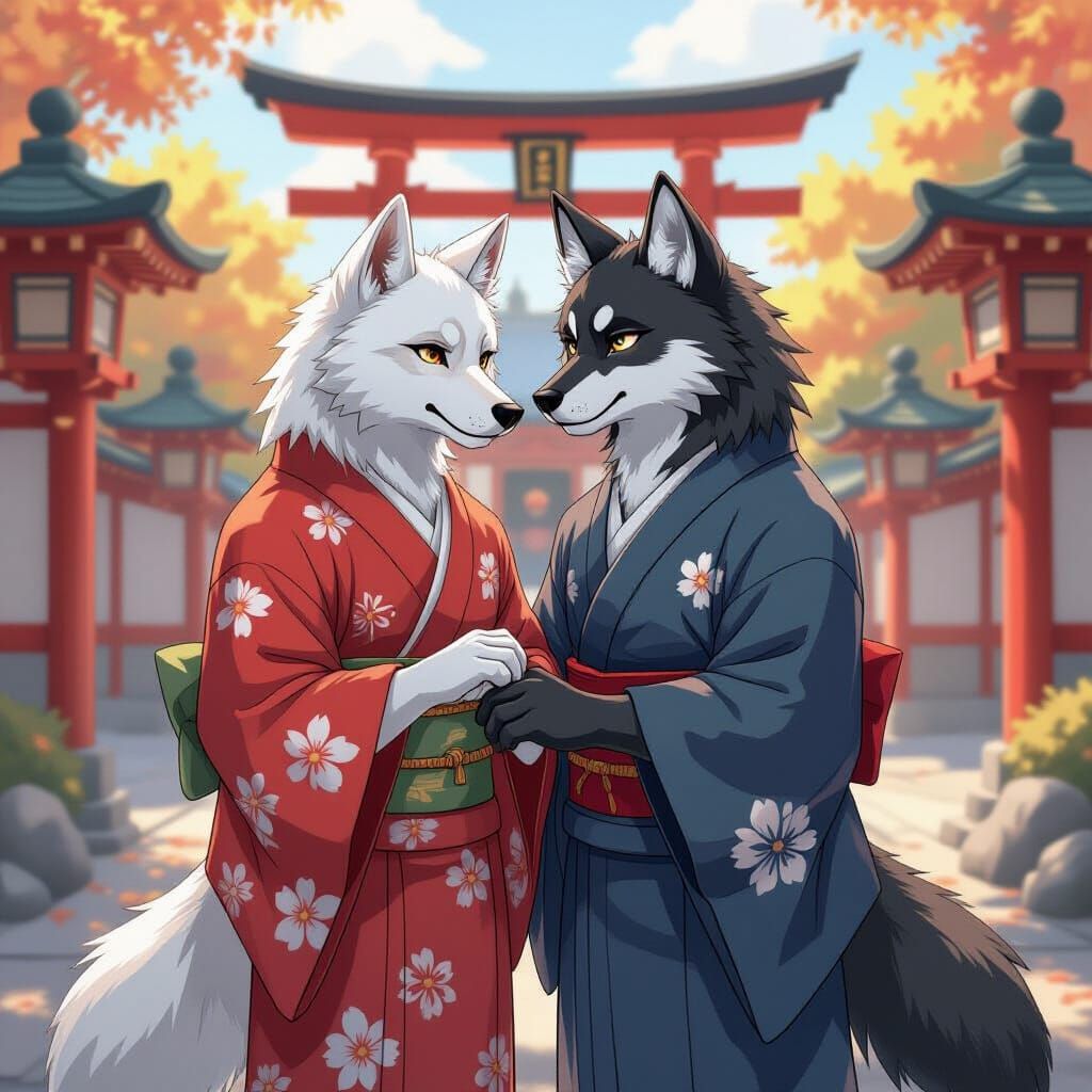 Anime Wolves in Kimonos at Japanese Temple