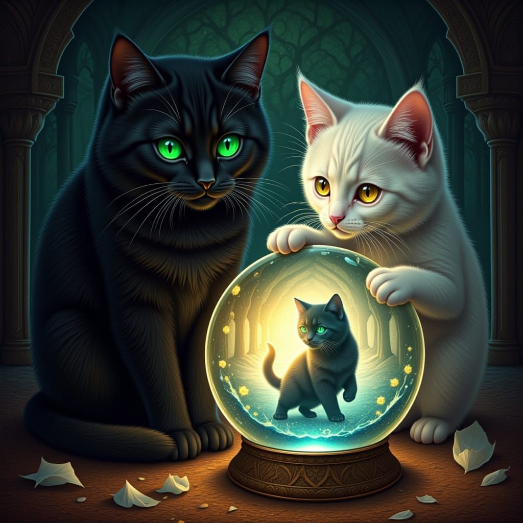 Albus the black cat with emerald green eyes, subla the white fur Kitten with golden eyes, morgana holding a crystal ball capturing Albus and...