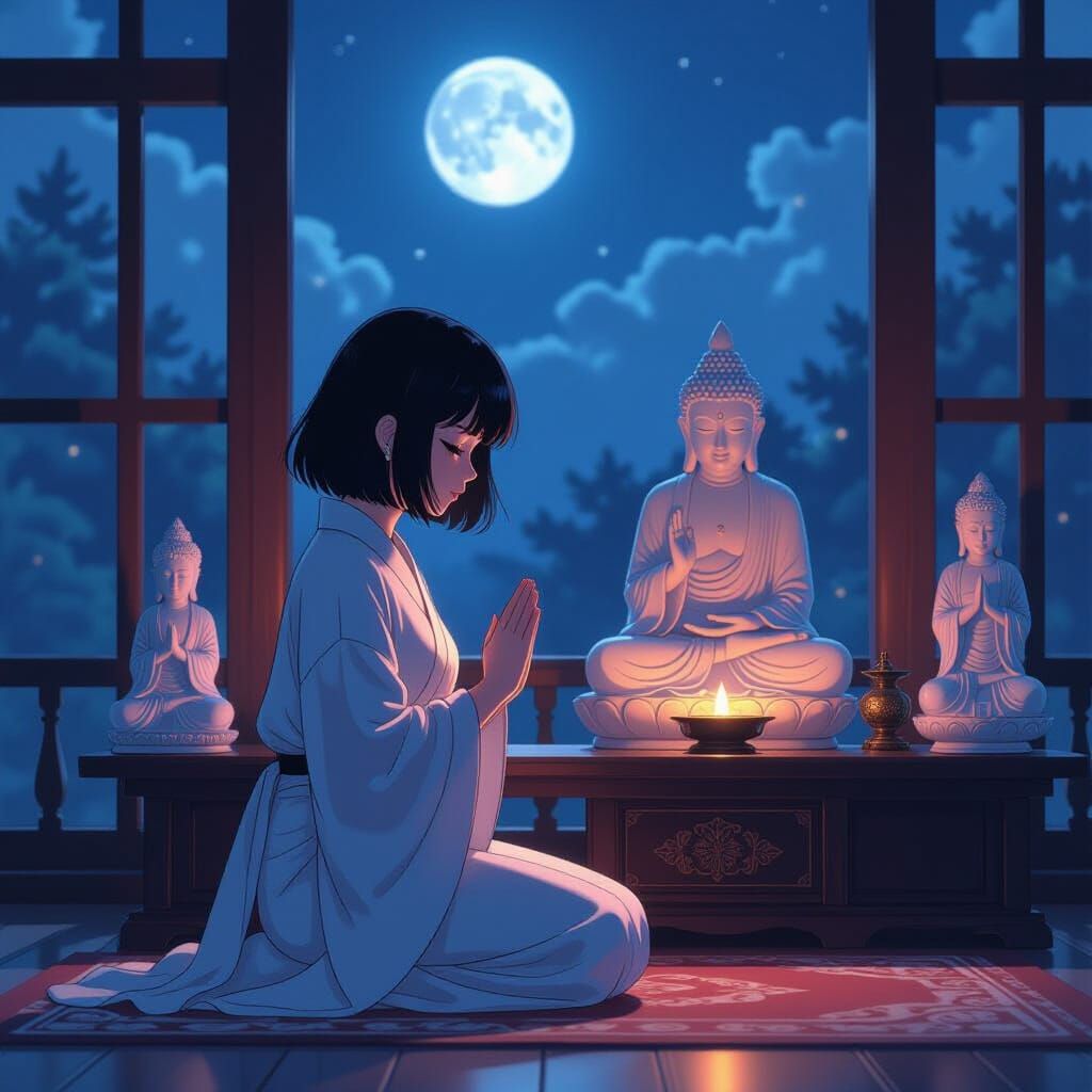 Anime Woman Kneels Before Buddha Altar Under Moonlight
