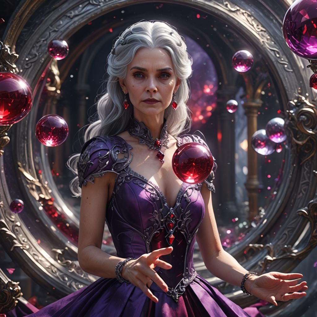 silver hair purple dress red crystal magic glass ball
