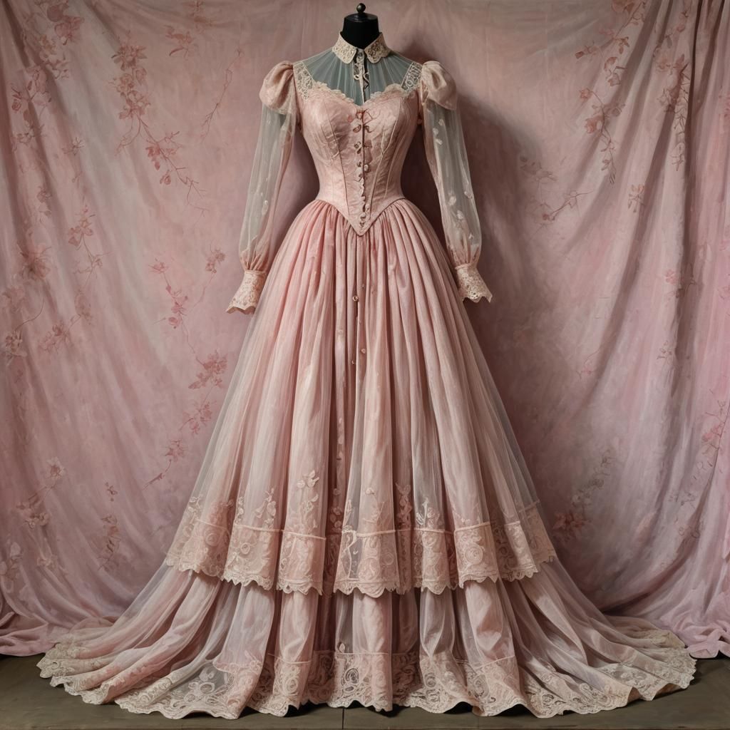 Full body length Victorian pink sheer Gothic lace and net dr...