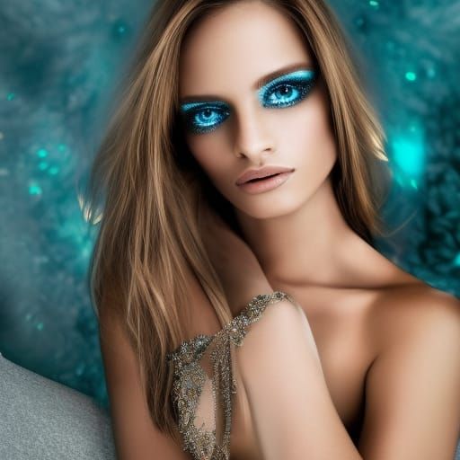 Extremely gorgeous female supermodel with alluring deep aqua...
