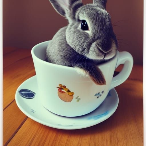 Cute round rabbit sitting in a giant tea cup  by @Fun Guy