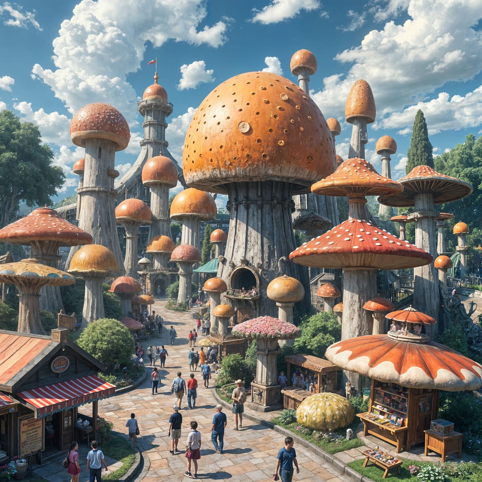 A theme park with rides attractions and vendor booths all based on fungi  by @Caveman