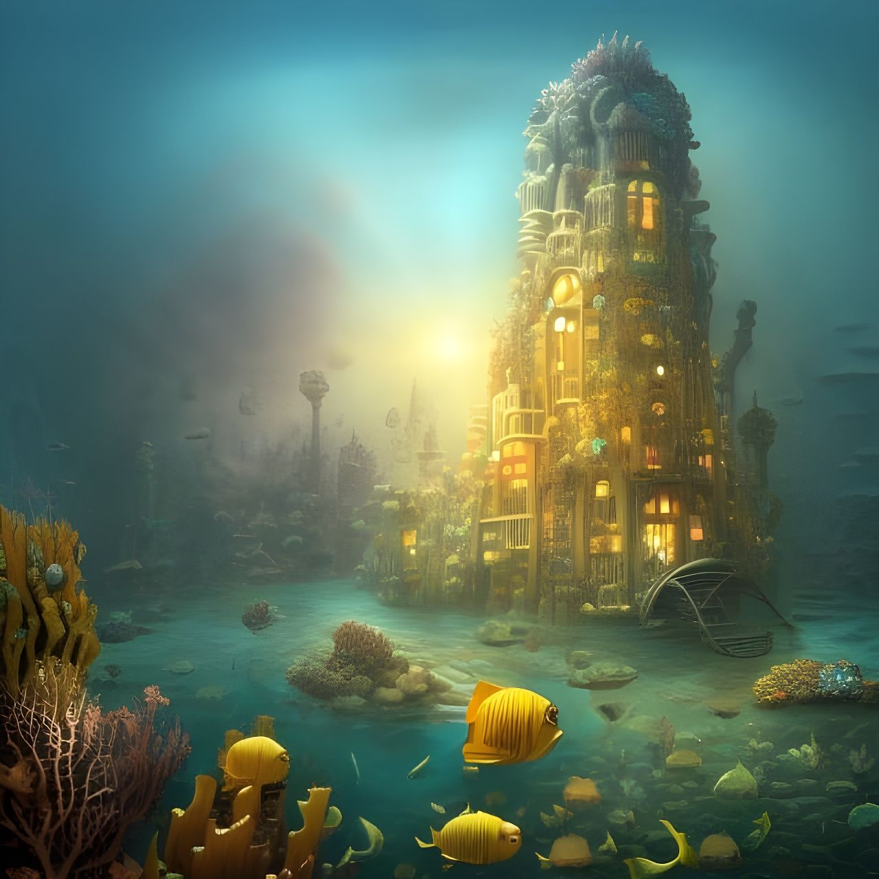 jacek yerka art style. Atlantis for fish.  by @Nathan Bundick