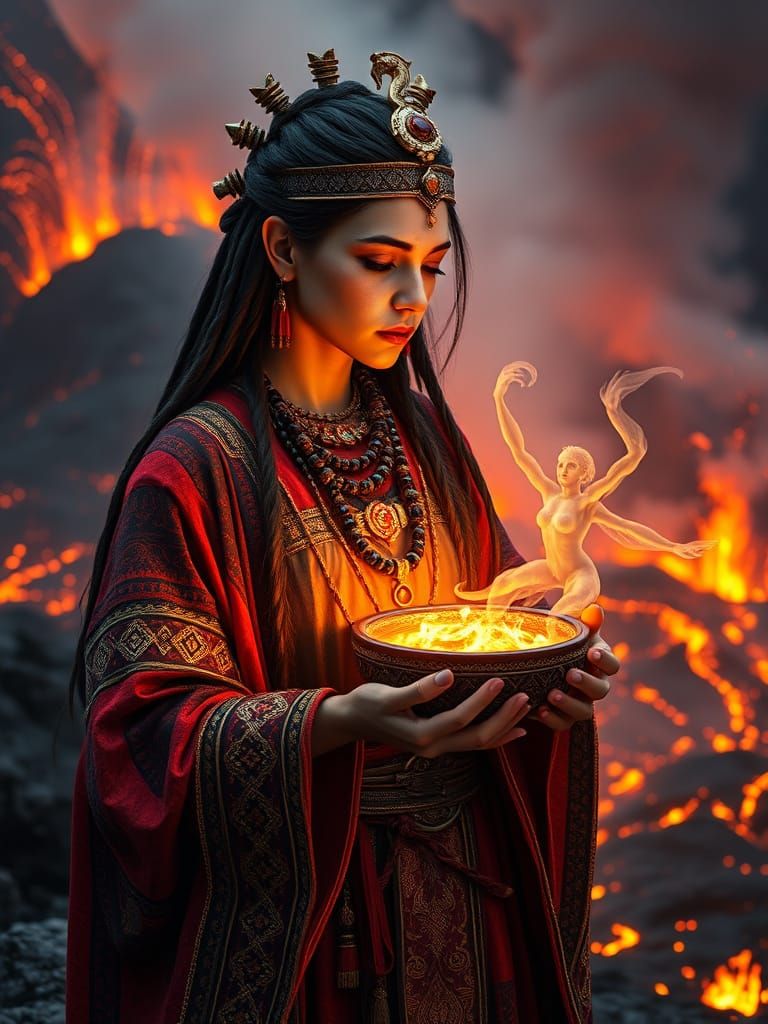 Ancient Priestess Amidst Volcanic Fury in Hyper-Realistic 3D