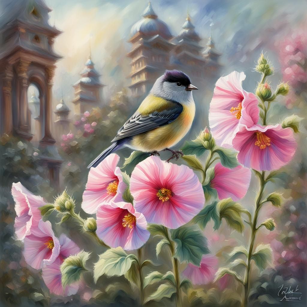 Hollyhocks with a Himalayan Titan.  by @Jeanne