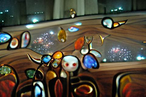 Tiny glass creatures standing on a wooden table