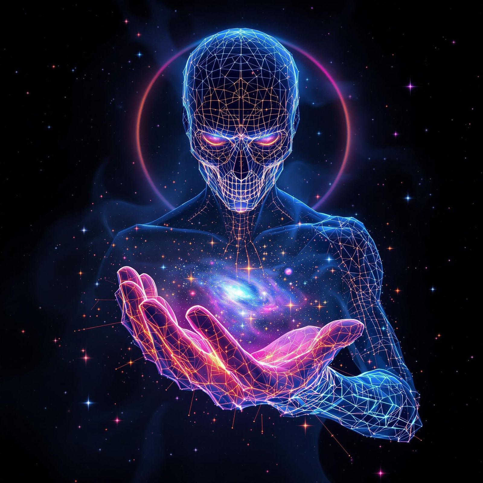 A spectral figure resembling Death, but in a vibrant, neon holographic style, cradling a miniature galaxy ...  by @Mary Elizabeth 