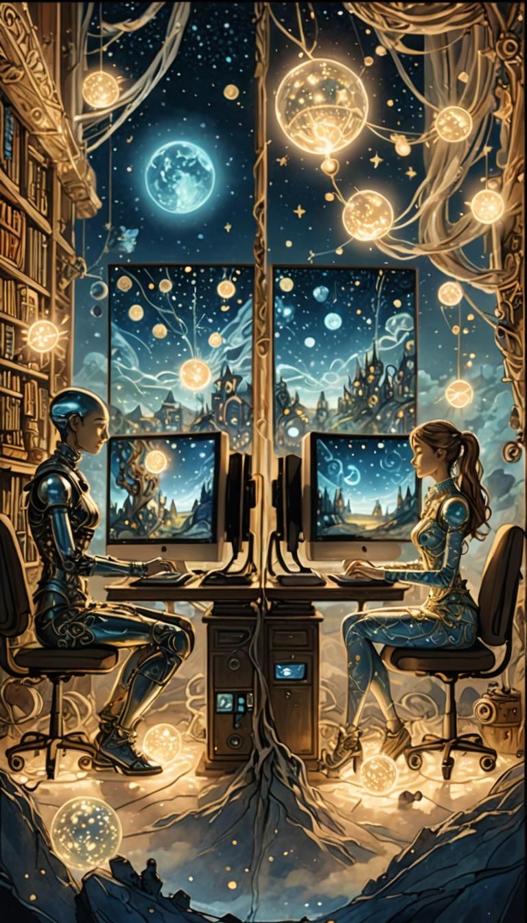 A male android  and female human sitting at computers, depicted in a magical, fairy-tale style. The androids have subtle robotic elements, w...