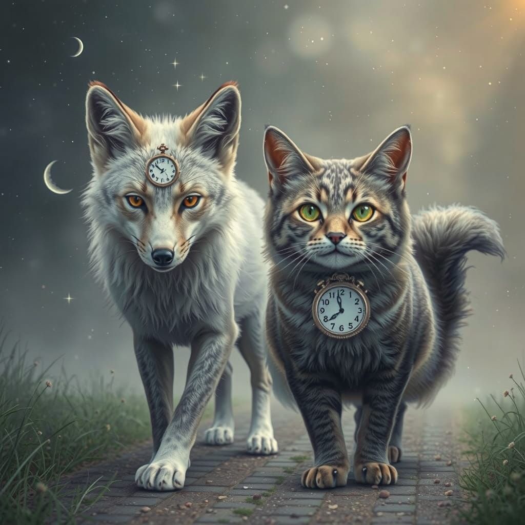 A silverwhite fox with a moon on it's forehead and a cat with clocks as eyes traveling together in a forgotten Dreamworld .
Mist surrounds t...