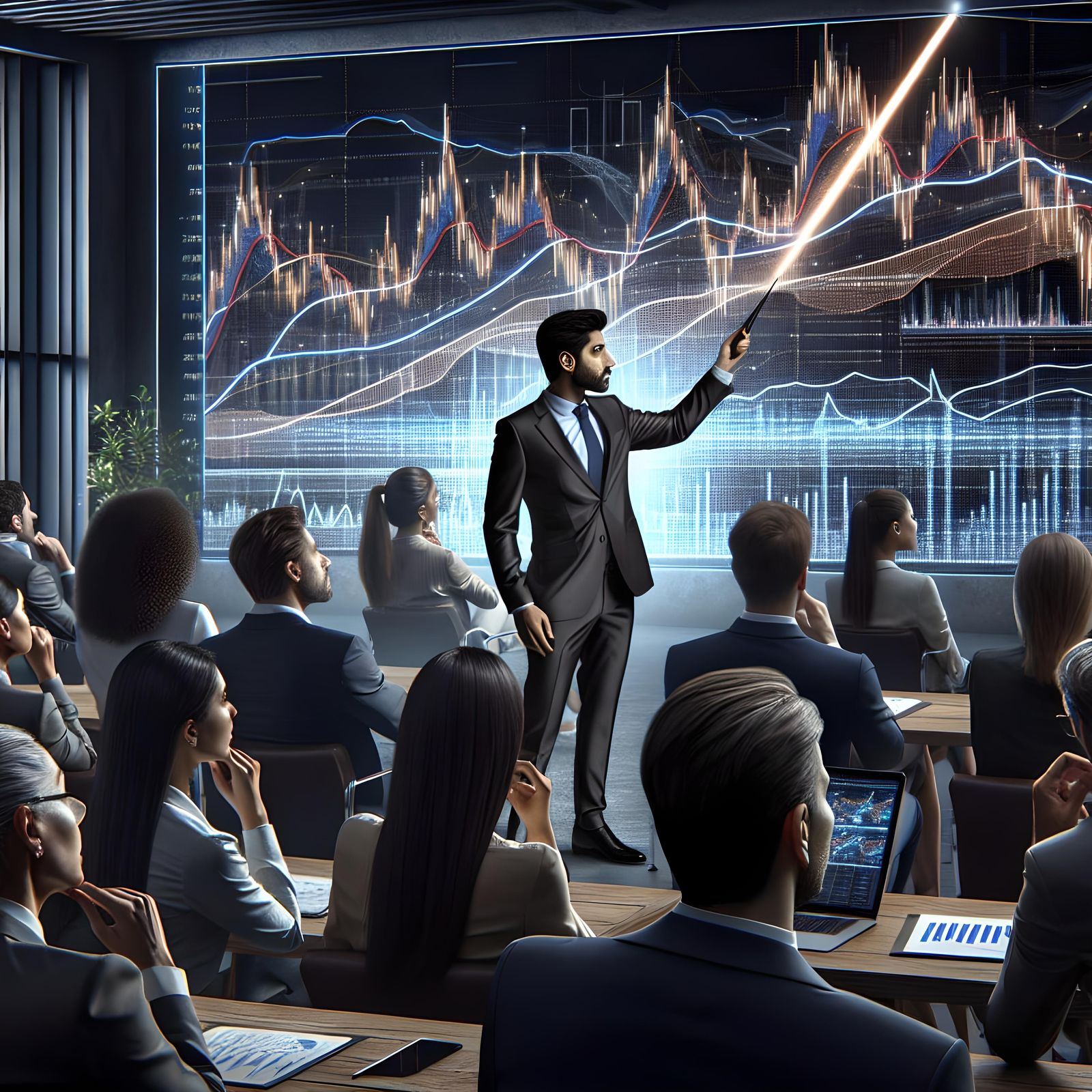 a photorealistic image of an executive presentation on stock...