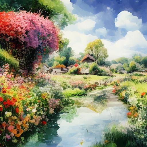 Village lake flowers trees <lora:WatercolorSD15ver2:1.3>