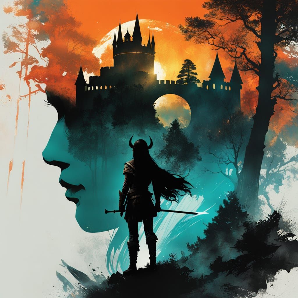 Viking Shield Maiden in Medieval Castle Silhouette Portrait