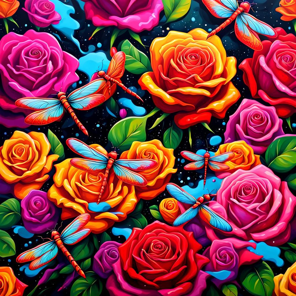 Super bright Roses and dragonflies
