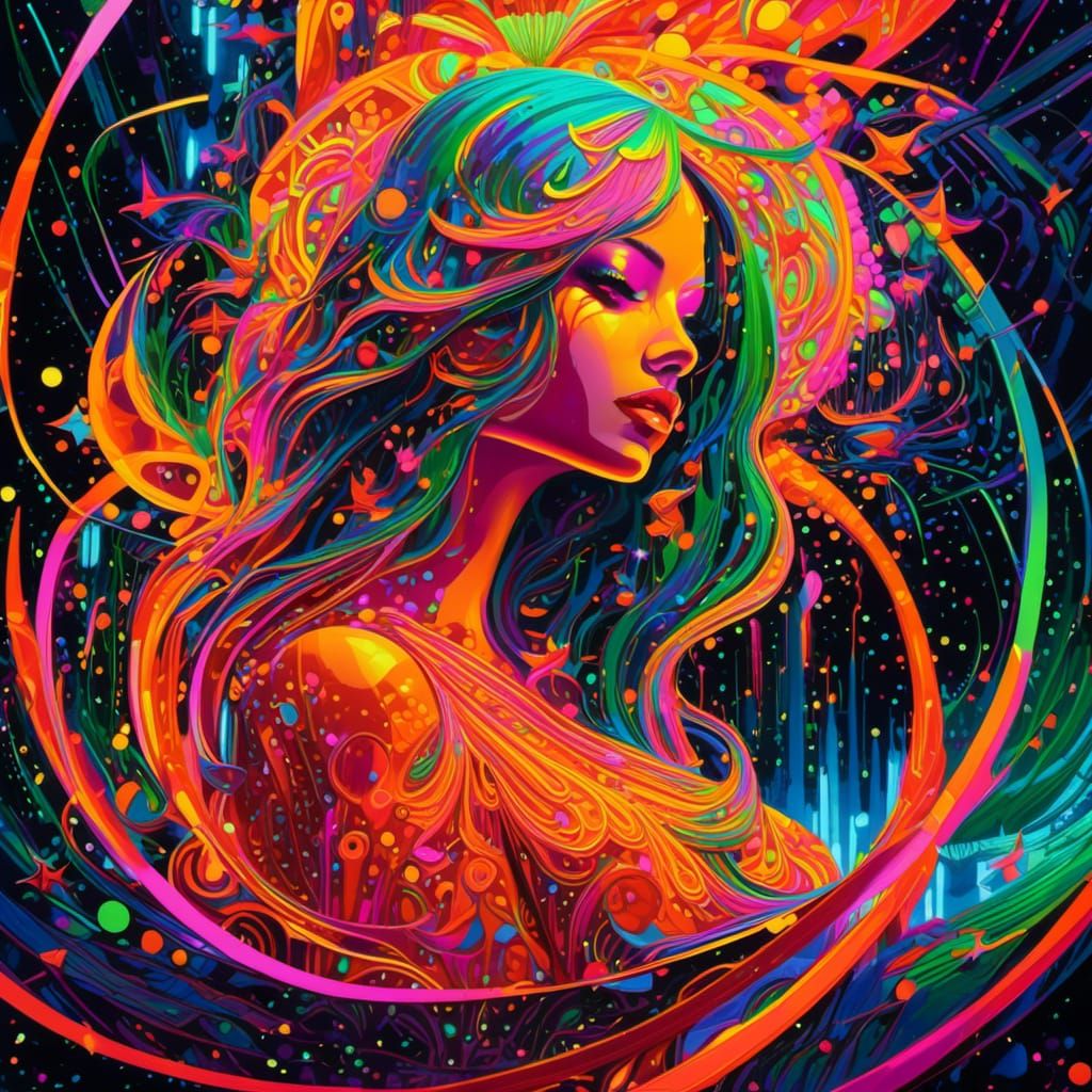 Intricately detailed Neon orange, yellow, green and pink Blacklight art :: A stunning beautiful woman kneels magical sparkling garden :: in...
