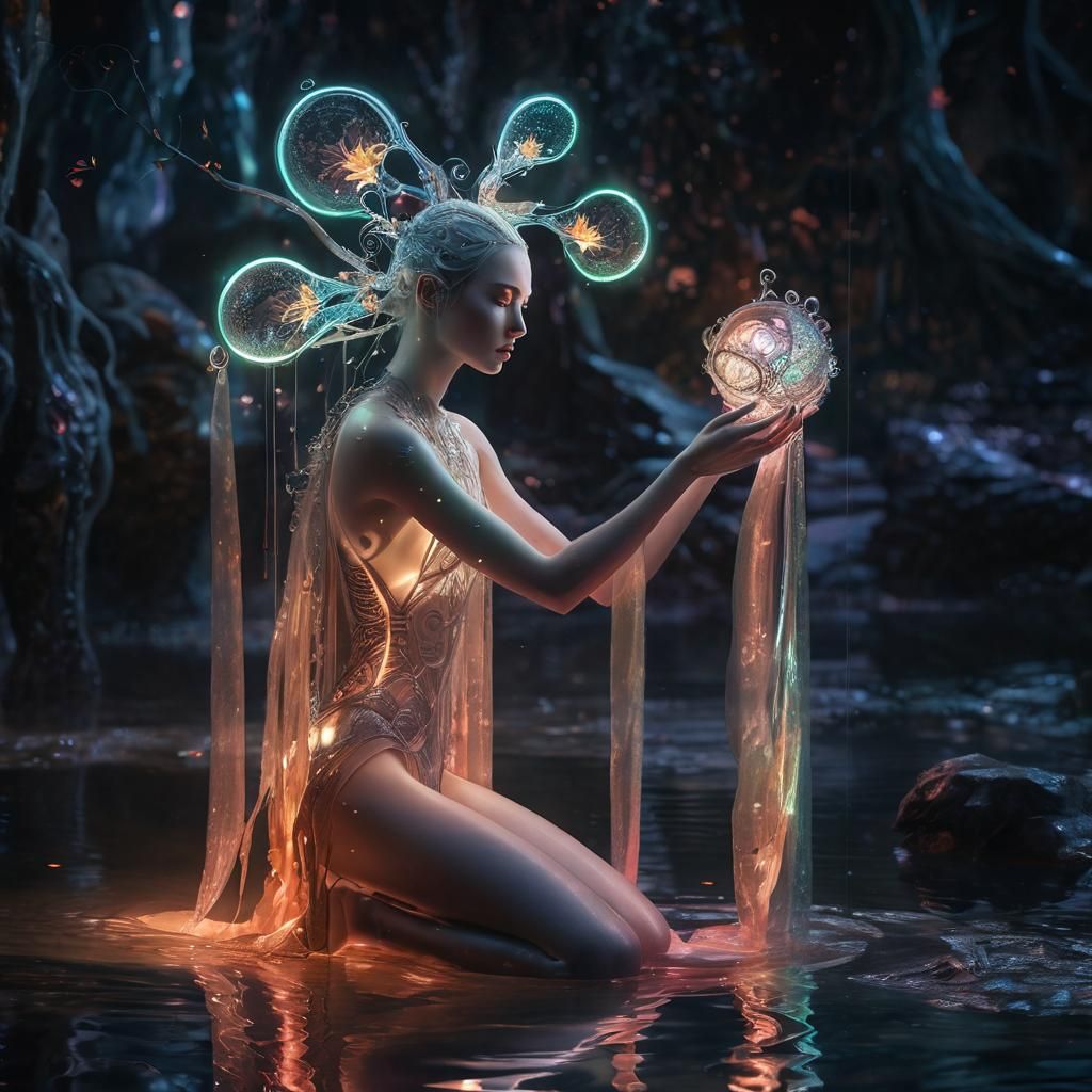 a futuristic fantasy scene with a surreal atmosphere. In the foreground, a masterpiece beautiful female figure  slender ...