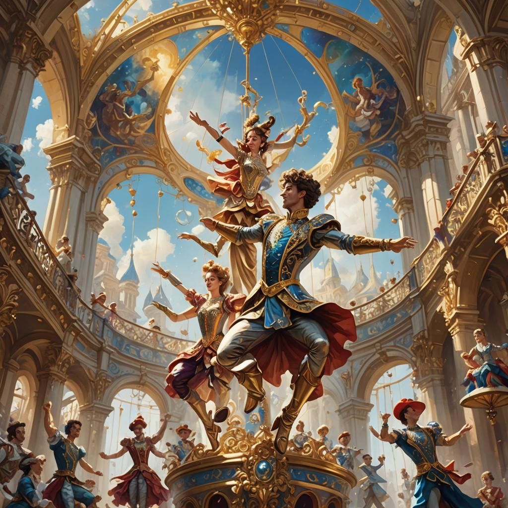 Baroque Circus Acrobats in Ornate Setting