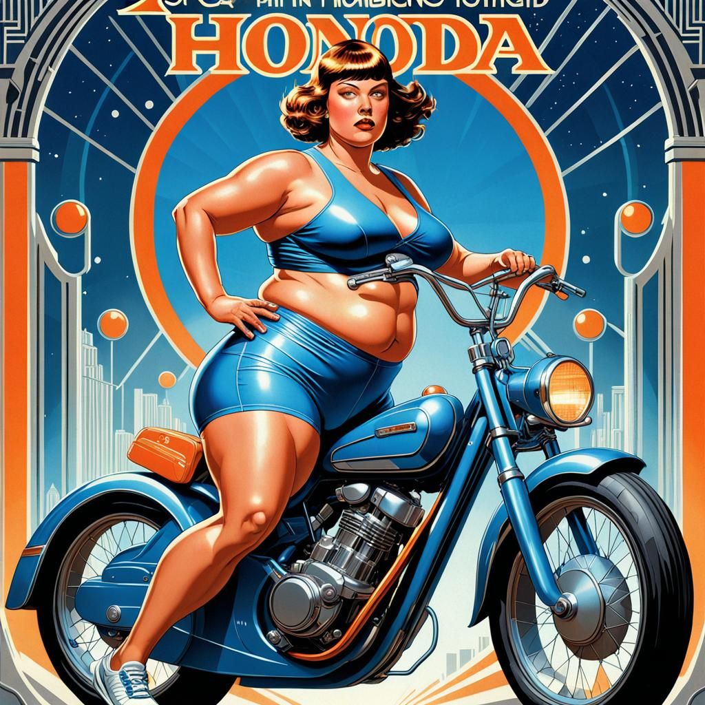 1979's art deco overweight female model, age 45, in biking s...
