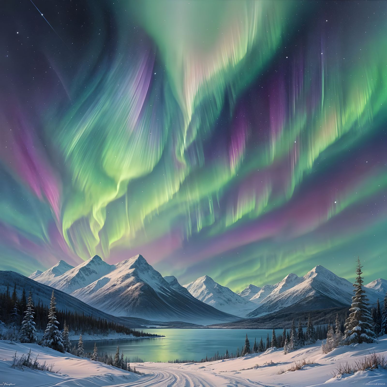 Aurora Borealis Painting Over Snowy Mountains  by @Fredericco