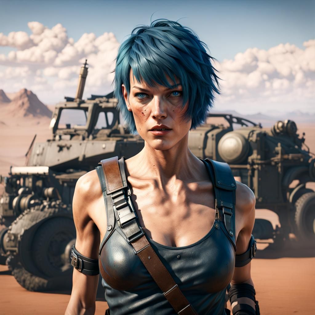 Short blue hair milla jovovich, smiling, mad max style, post...