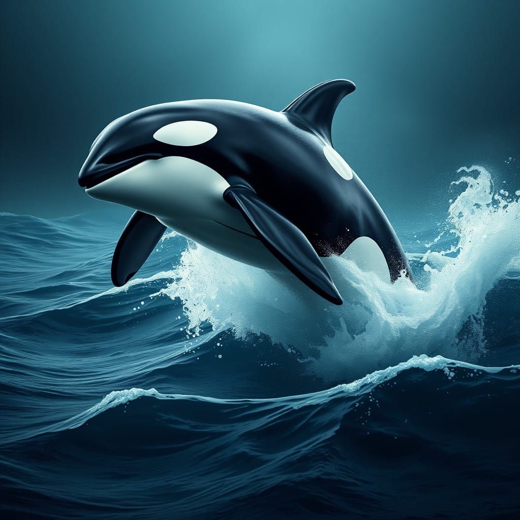 Majestic Orca Whale Leaps from Turbulent Ocean in Cyberpunk-...