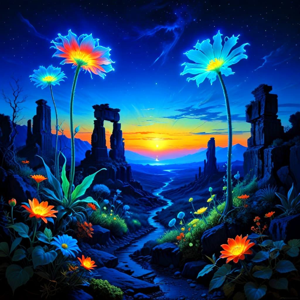 Surreal Bioluminescent Landscape with Ancient Ruins