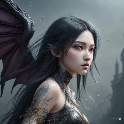 beautiful female angel, long black hair, fine oriental featu...